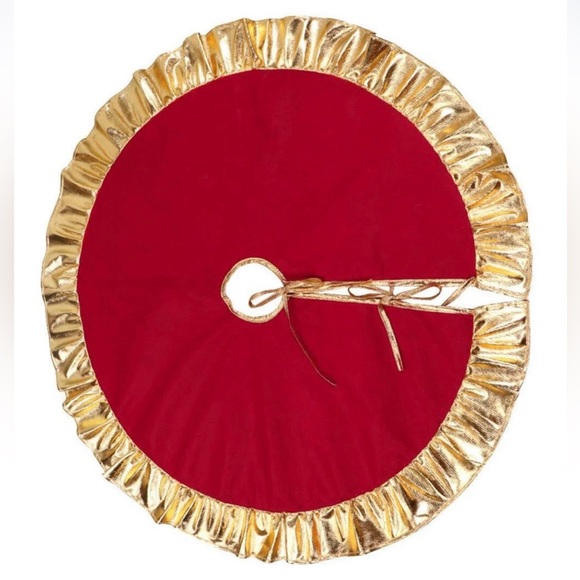 Vintage Red Felt and Metallic Gold Handmade Christmas Tree Skirt - Picture 1 of 5